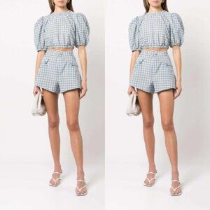Jonathan Simkhai Co-Ords Two-Piece Set Plaid Puff Sleeves Crop Top & Shorts